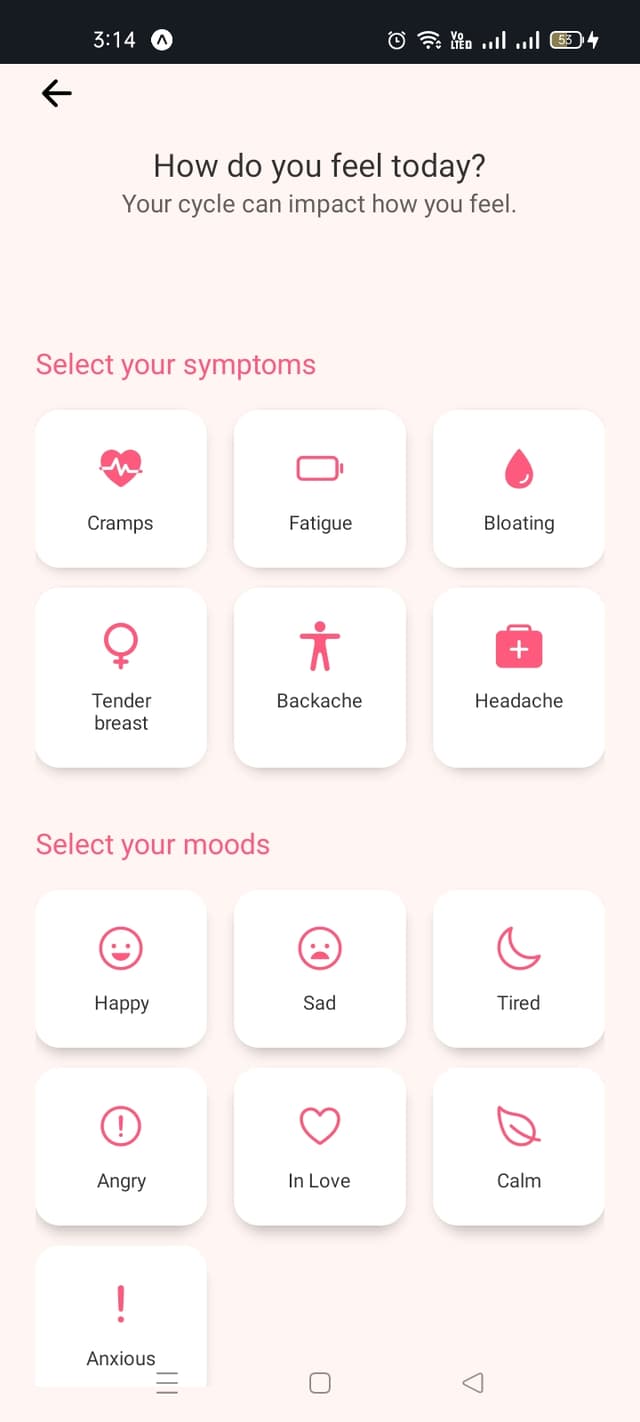 Symptoms Tracking Screen